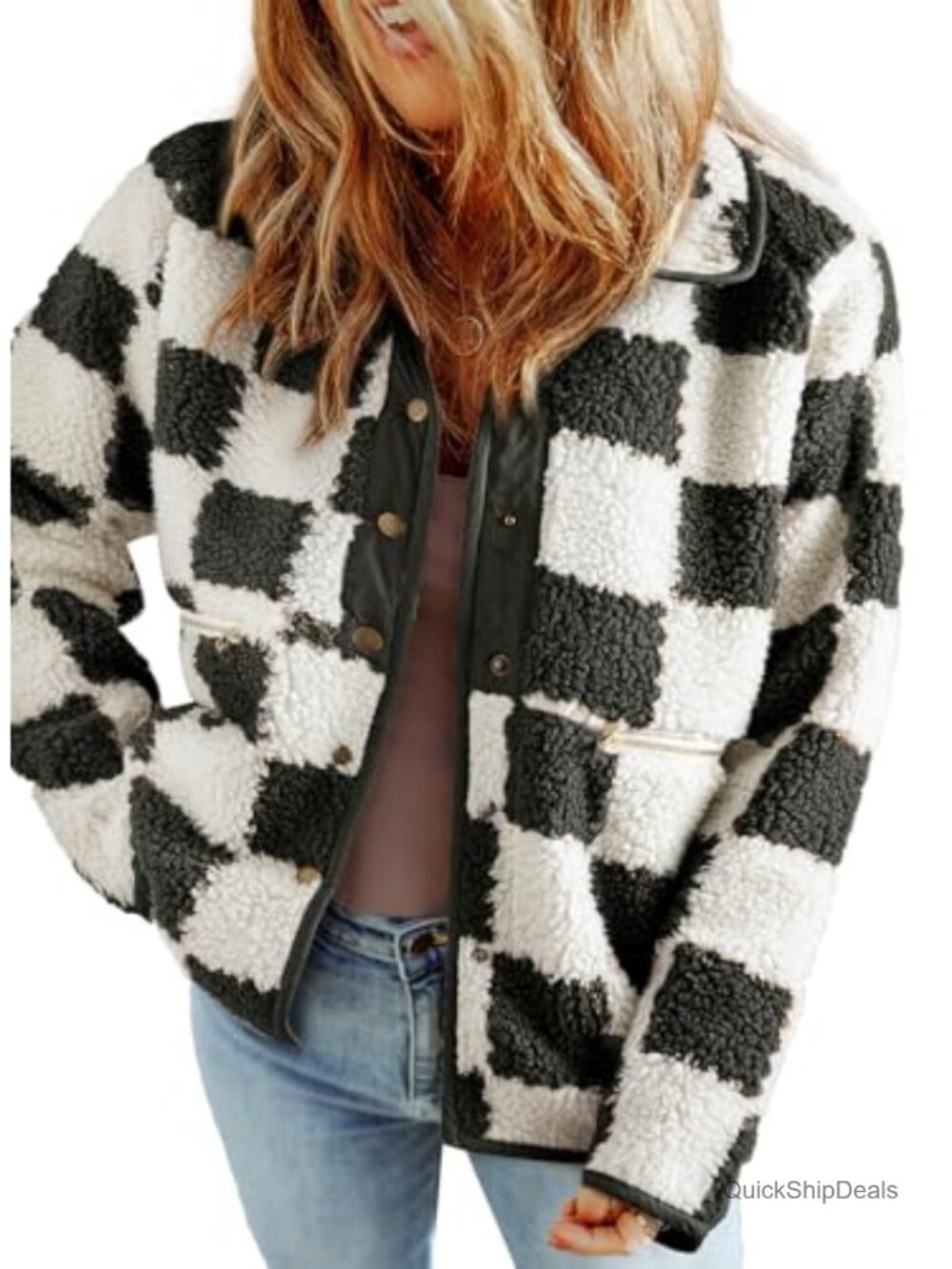 Women's Plaid Sherpa Fleece Jacket Button Down Casual Winter Coat